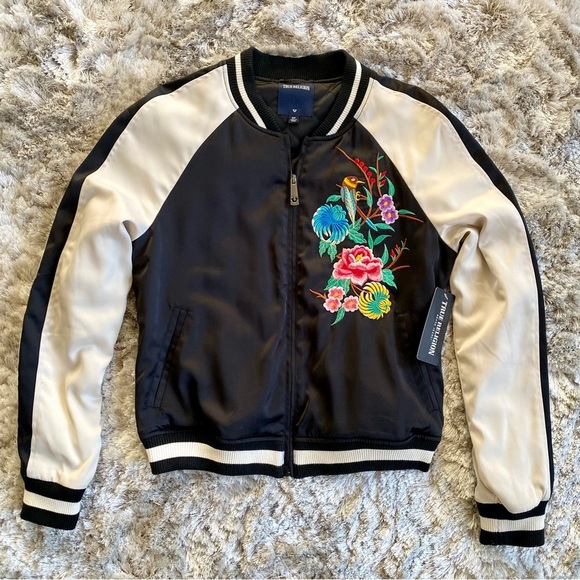 True Religion NWT Black Satin Embroidered Flower Bomber Jacket Size Small - Picture 5 of 9
